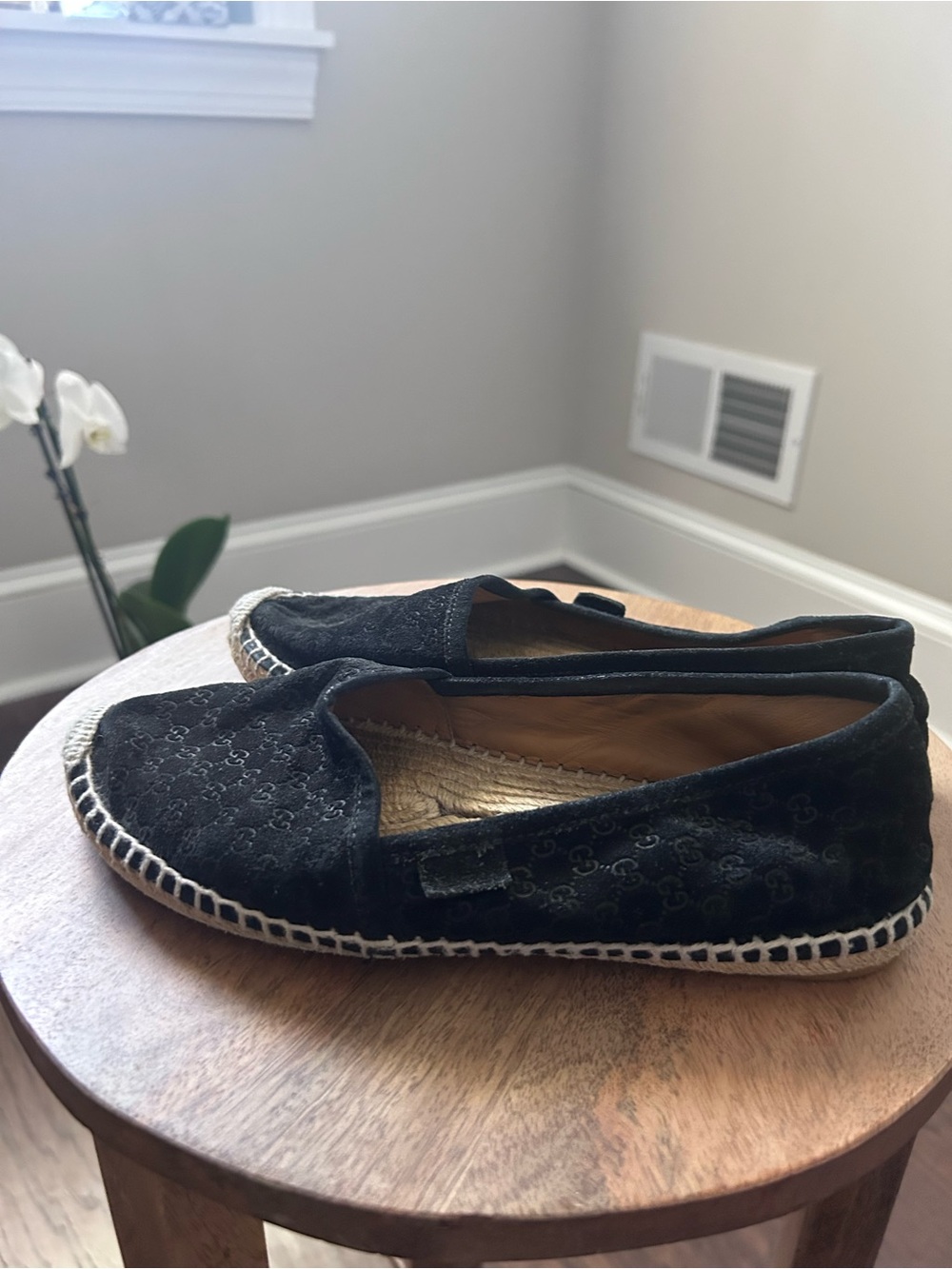 Gucci Black Monogram Suede Espadrille Flats